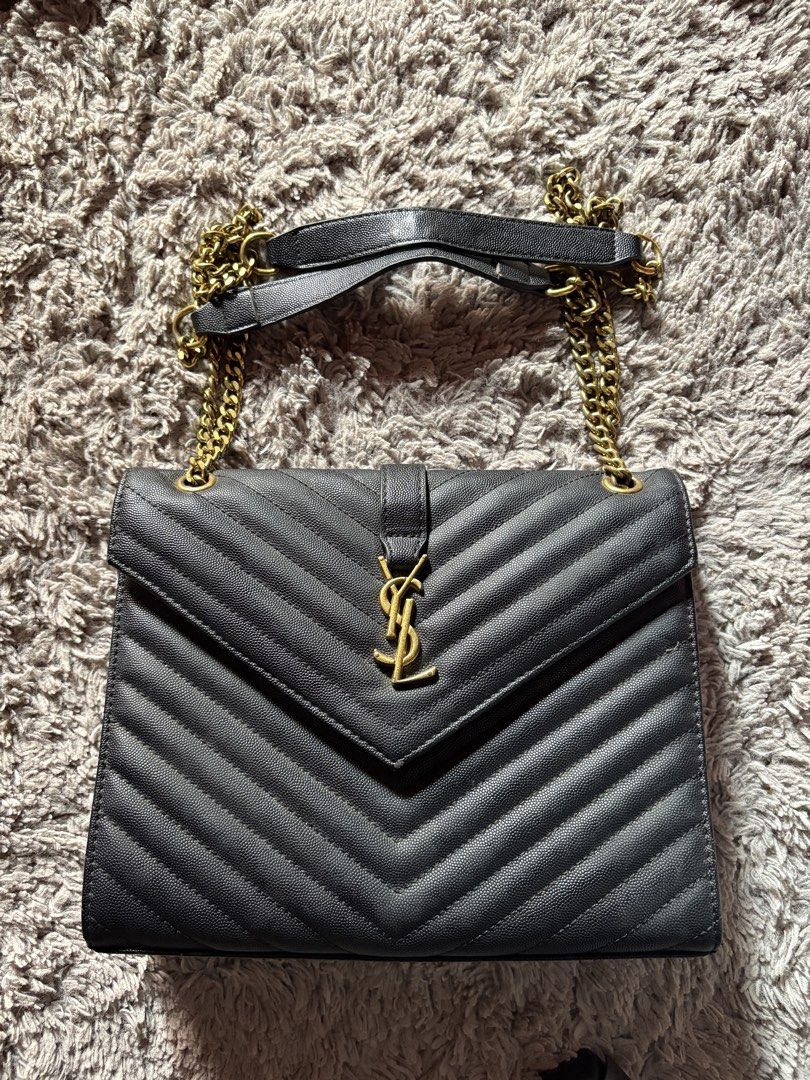 YSL Black Shoulder Bag with Gold Chain (Category: Luxury Bags & Wallets) located in Manila. Submitted by epicdragon403 (Listing ID 1421977507, Image 1). Description: Details: • Color: Black with gold hardware • Chain strap with leather shoulder pad • Chevron quilted design (front & back) • Flap closure • Spacious interior Condition: • Preloved – with visible signs of use • Interior red lining has peeling/cracking (see photos) • Some scratches and