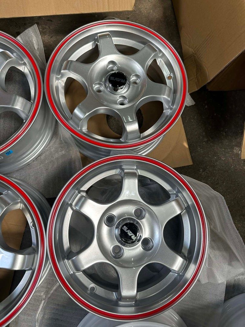 13” Te37 Rays design code 601 mags 4Holes pcd 100 Silver Redlip (Category: Mags and Tires) located in Quezon City. Submitted by mindanaotyrehaus (Listing ID 1422171745, Image 2). Description: .