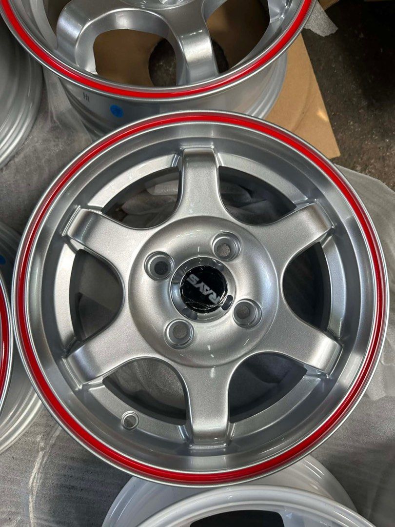 13” Te37 Rays design code 601 mags 4Holes pcd 100 Silver Redlip (Category: Mags and Tires) located in Quezon City. Submitted by mindanaotyrehaus (Listing ID 1422171745, Image 3). Description: .