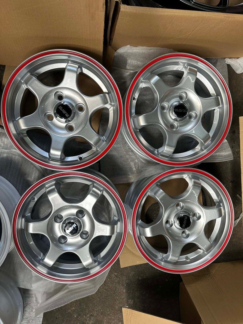 13” Te37 Rays design code 601 mags 4Holes pcd 100 Silver Redlip (Category: Mags and Tires) located in Quezon City. Submitted by mindanaotyrehaus (Listing ID 1422171745, Image 1). Description: .