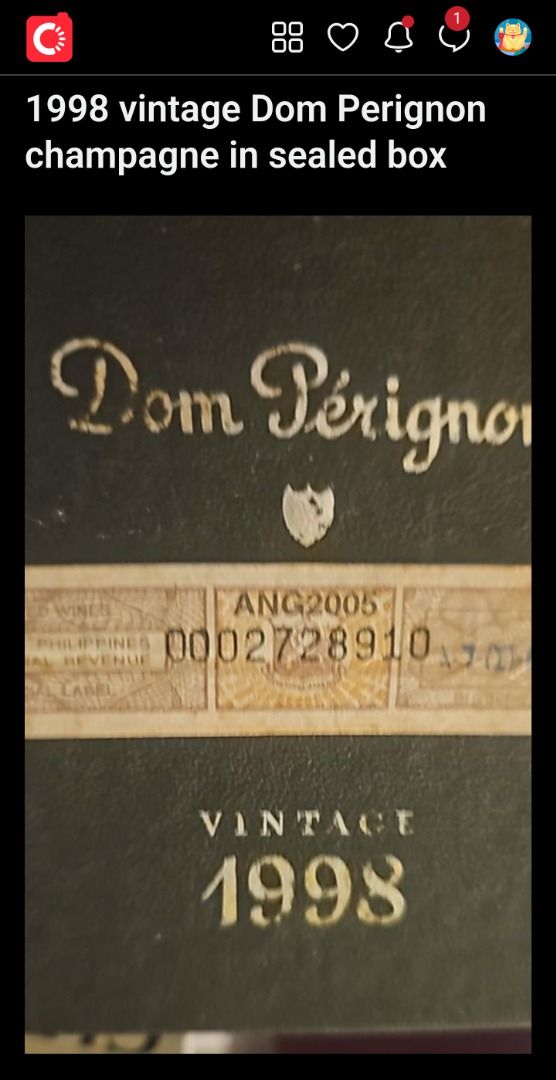 1998 Dom Perignon Champagne in Sealed Box (Category: Beverages) located in Caloocan City. Submitted by quickstorm-b393 (Listing ID 1422162947, Image 1). Description: - Vintage 1998 Dom Pérignon champagne - Sealed in original box - Features Dom Pérignon logo - Includes Philippines Revenue label (0002728910) - Perfect for collectors Call 0909 056 4109 Never opened in sealed box. Willing to open box once formal offer has been made. Stored horizontal