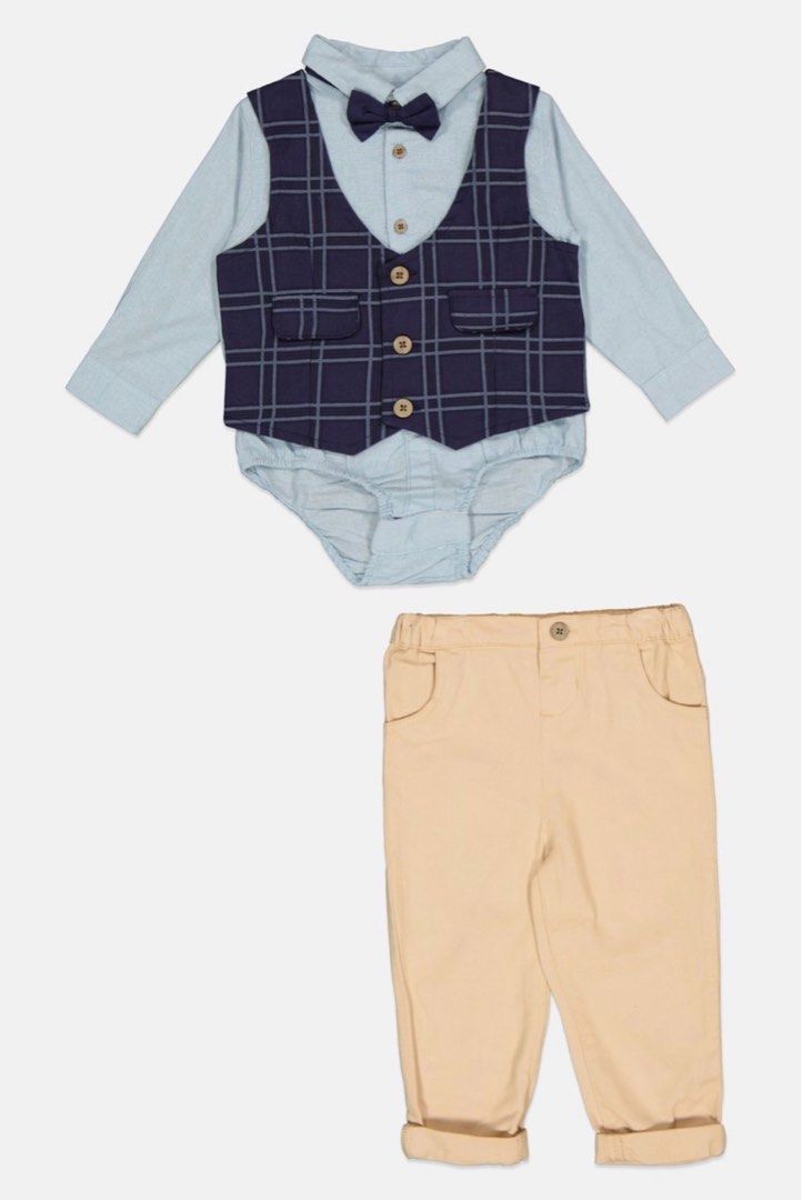 3 Pieces Plaid Bodysuit with Bottom and Bowtie Set (Category: Babies & Kids Fashion) located in Manila. Submitted by joaiz13 (Listing ID 1422089422, Image 1). Description: Used once during 1st birthday. Bought in Abu Dhabi. Last price posted po. .