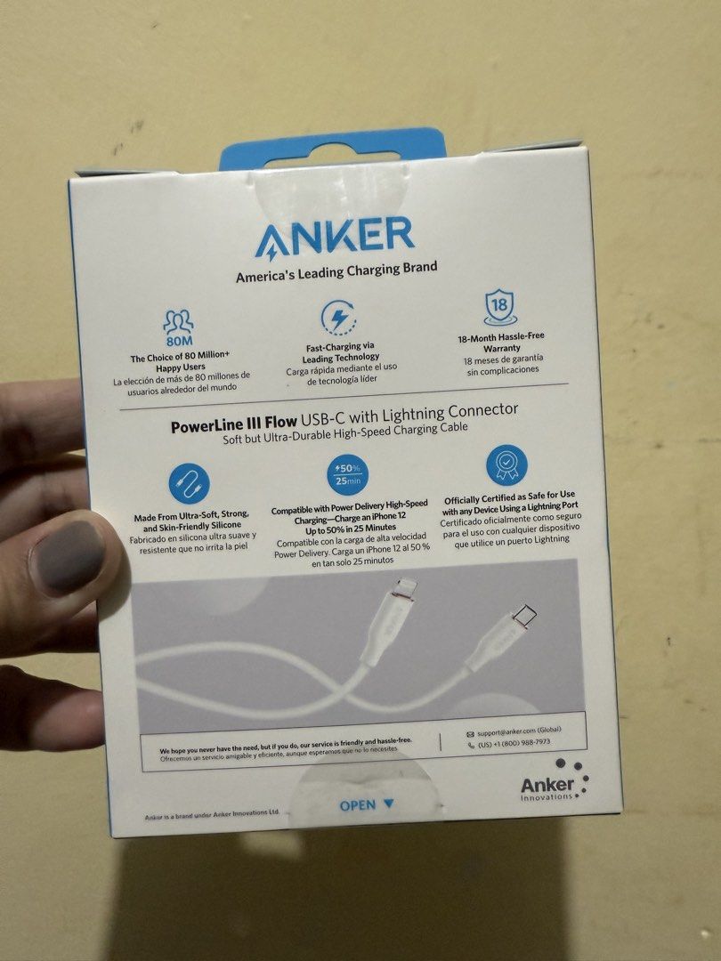 Anker cable for iPhone (Category: Chargers & Cables) located in Pasig City. Submitted by joy.to.the.world (Listing ID 1422227511, Image 3). Description: With receipt and warranty covered Unused Srp: 1200.