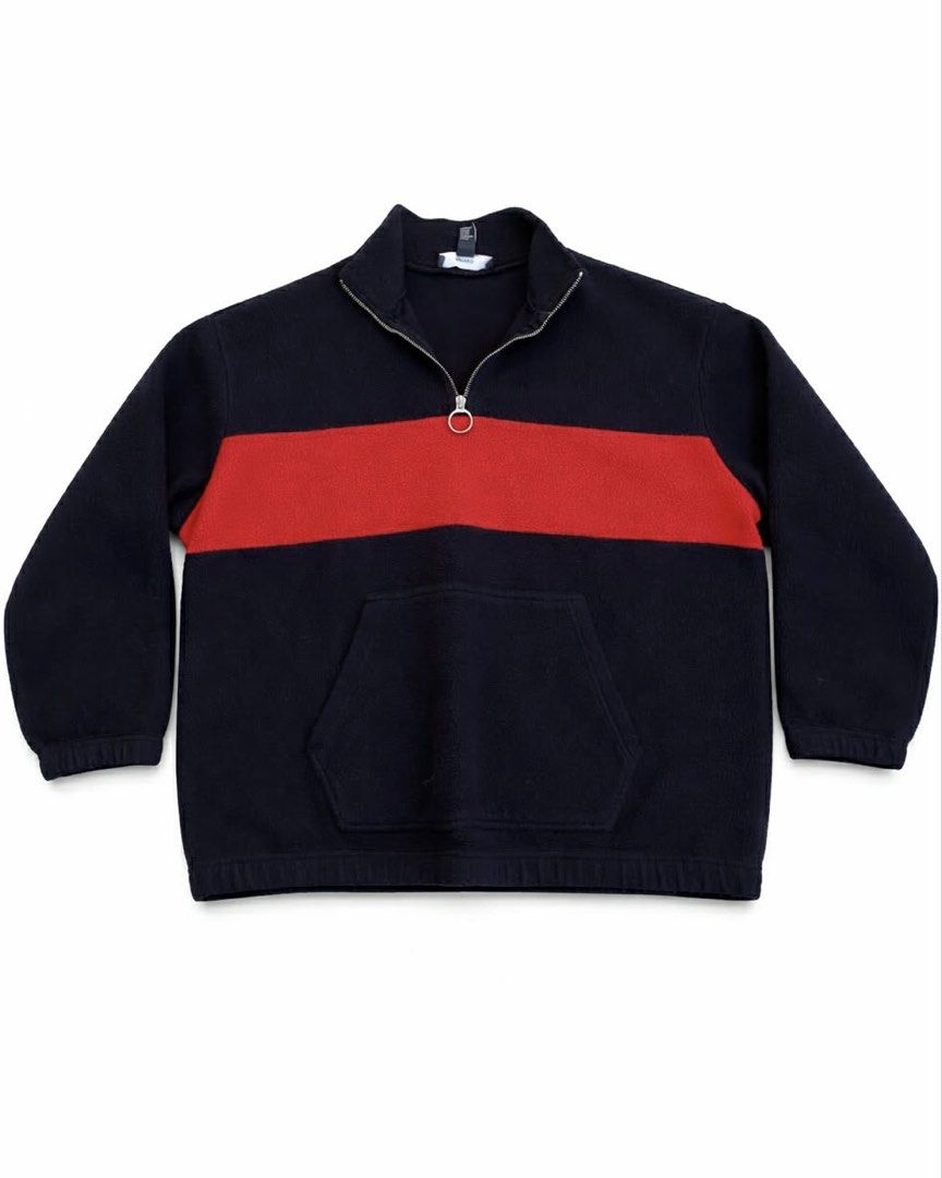 Black and Red Striped Pullover Sweater (Category: Longsleeves) located in Manila. Submitted by rotation2000 (Listing ID 1422193763, Image 1). Description: - Black pullover sweater - Bold red stripe across the chest - Quarter-zip closure - Kangaroo pocket - Ribbed cuffs - Made of thick, warm material - Ideal for cooler weather.