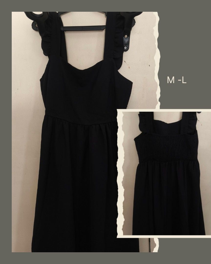 Black Ruffle Strap Dress M-L (Category: Dresses) located in Loay. Submitted by arakesh21 (Listing ID 1422215675, Image 1). Description: - Black dress - Ruffle straps - Square neckline - Fitted bodice - Flowing skirt - Size: M-L.