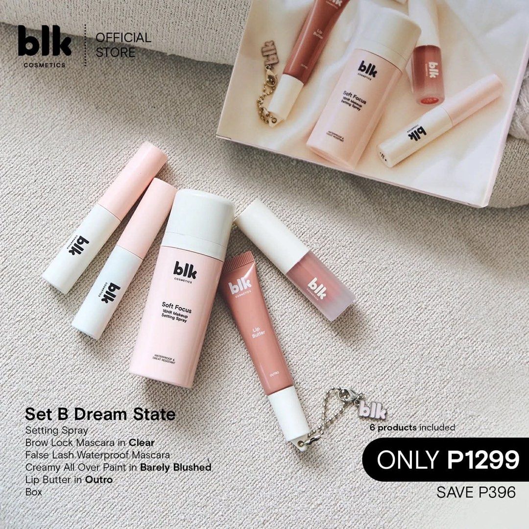 BLK Cosmetics Set B Dream State (Category: Makeup) located in Manila. Submitted by tomeoe (Listing ID 1422204173, Image 1). Description: - BLK Cosmetics Set B Dream State - Includes: - Setting Spray - Brow Lock Mascara (Clear) - False Lash Waterproof Mascara - Creamy All Over Paint (Barely Blushed) - Lip Butter (Outro) - Total: 6 products - SRP: P1299 .