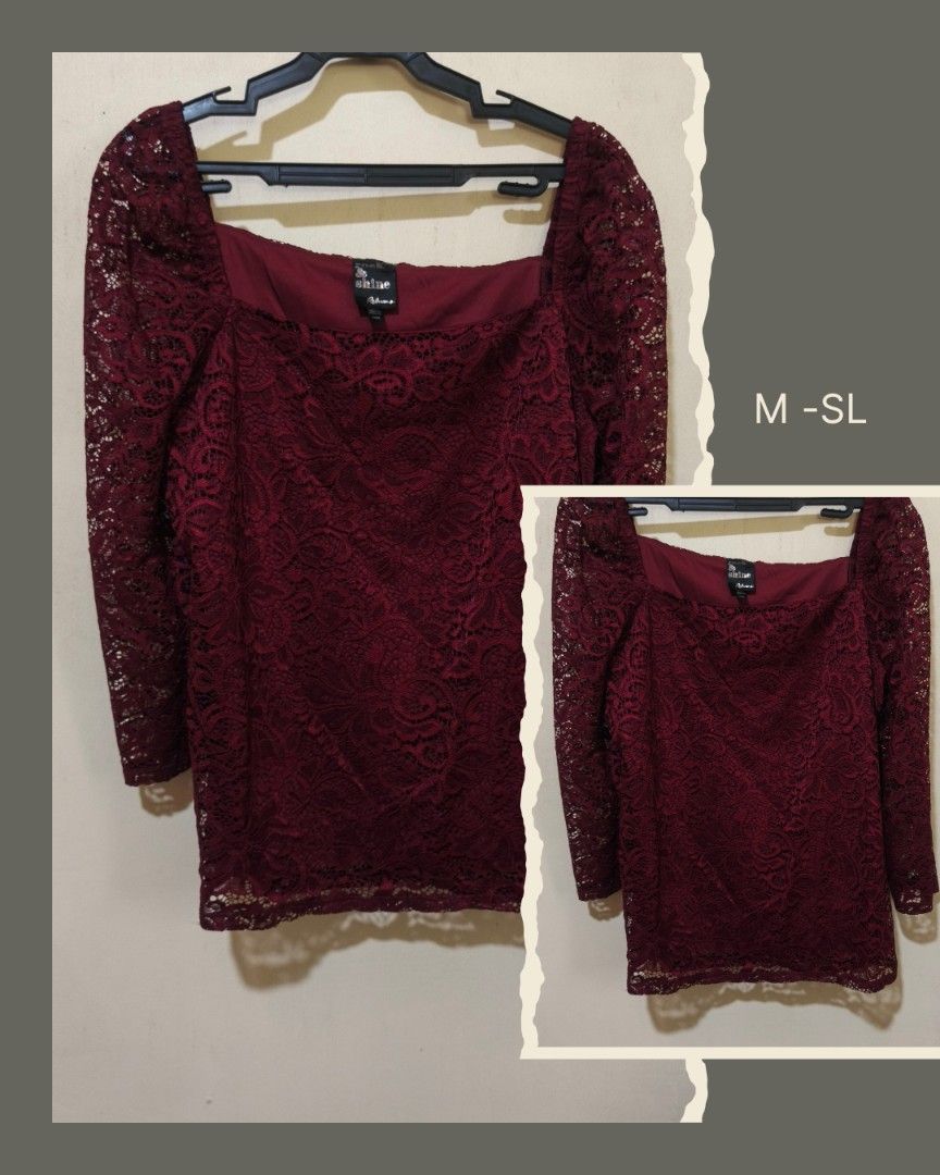Burgundy Lace Square Neck Blouse (Category: Blouses) located in Loay. Submitted by arakesh21 (Listing ID 1422216075, Image 1). Description: - Elegant burgundy lace blouse - Square neckline - Long sleeves - Size: Medium to Small - Perfect for a night out or special occasion.