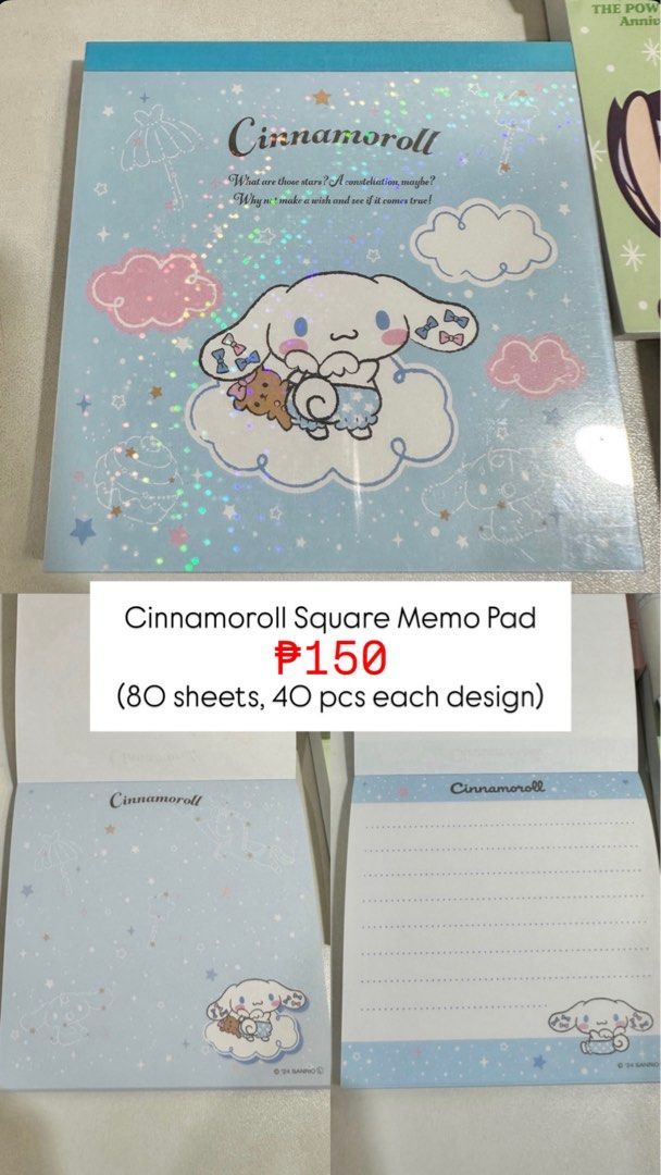 Cinnamoroll Square Memo Pad (Category: Stationery & School Supplies) located in Quezon City. Submitted by millestationery (Listing ID 1422206273, Image 1). Description: Cinnamoroll Square Memo Pad (80 sheets, 40 pcs each design).