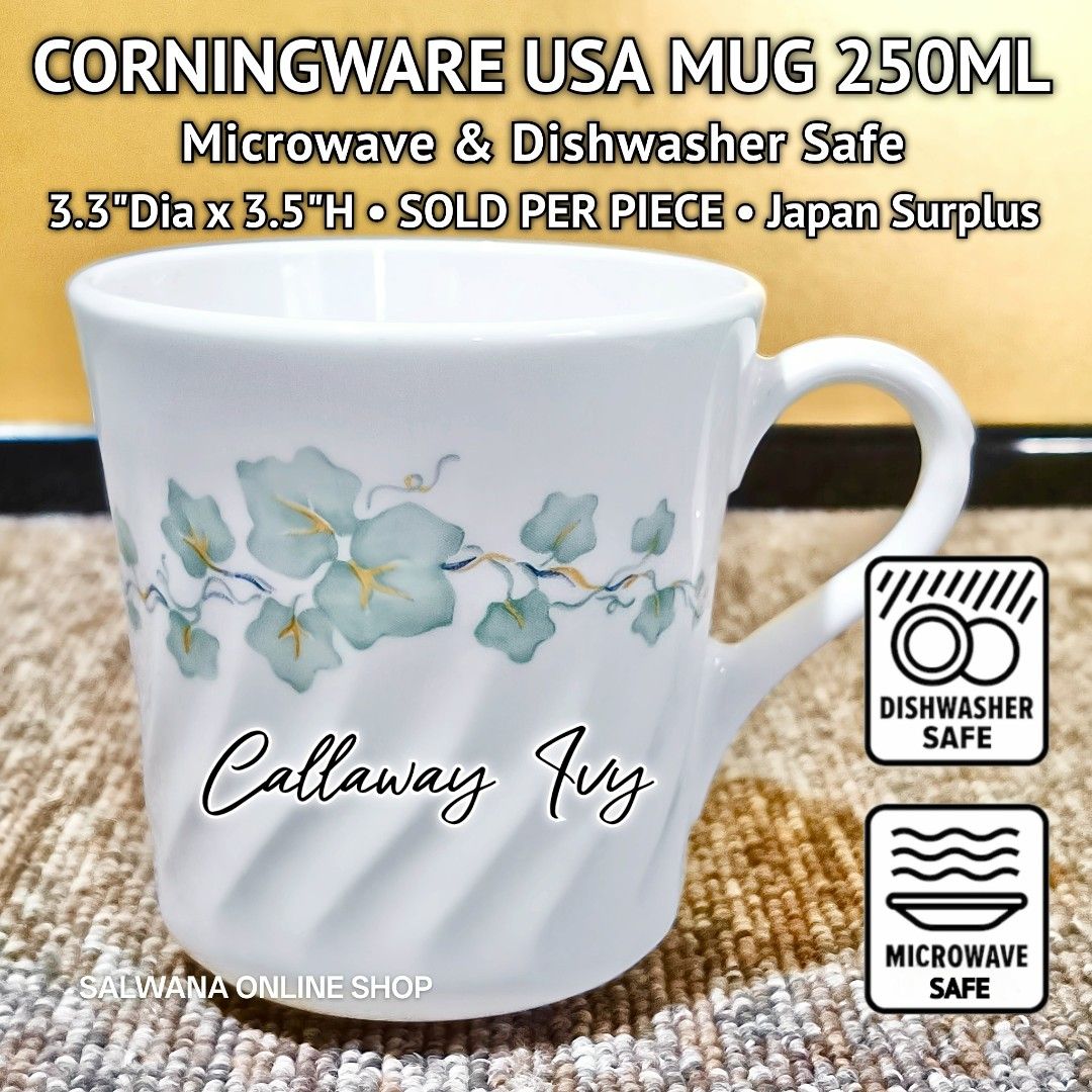 Corningware USA Callaway Ivy Mug 250ml (Category: Coffee & Tea Tableware) located in Mabalacat. Submitted by salwanaonlineshop (Listing ID 1422159095, Image 1). Description: CORNINGWARE USA CALLAWAY IVY MICROWAVABLE MUG 250ML • JAPAN SURPLUS 🇯🇵 Like New Condition 🇯🇵 Makinis 🇯🇵 No issue 🇯🇵 Microwave & Dishwasher Safe 🇯🇵 Japan Source 🇯🇵 SOLD PER PIECE 🛒 Follow us on S.H.O.P.E.E and L.A.Z.A.D.A at SALWANA ONLINE SHOP for more rare, vint