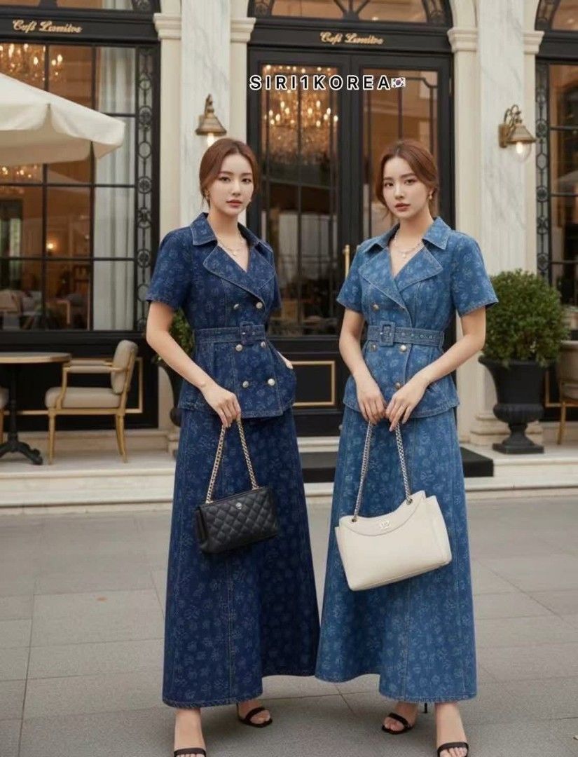 Denim Skirt Suit Set (Category: Sets or Coordinates) located in Manila. Submitted by raredeer-4deb4e (Listing ID 1422191977, Image 1). Description: - Denim skirt suit set - Double-breasted jacket with short sleeves - Matching skirt - Includes a belt - Subtle denim pattern - Chic and coordinated look.