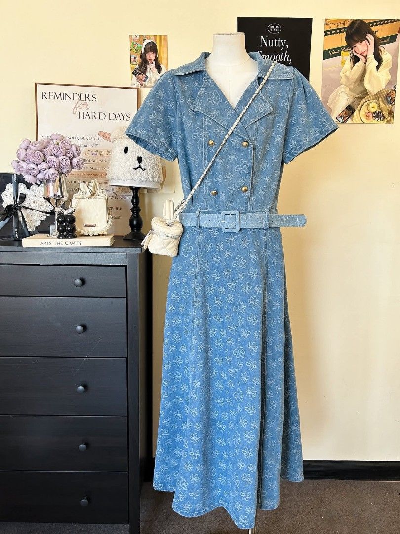 Denim Skirt Suit Set (Category: Sets or Coordinates) located in Manila. Submitted by raredeer-4deb4e (Listing ID 1422191977, Image 2). Description: - Denim skirt suit set - Double-breasted jacket with short sleeves - Matching skirt - Includes a belt - Subtle denim pattern - Chic and coordinated look.