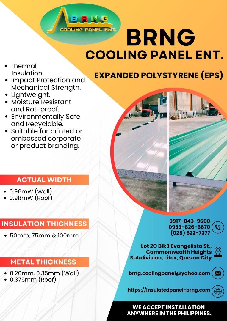 EPS PANEL (Category: Construction & Building Materials) located in Caloocan City. Submitted by epicowl-1ea4 (Listing ID 1422084401, Image 1). Description: EPS PANEL ------------------------------------- ✅Thickness : 50mmThk ✅Thickness : 75mmThk ✅Thickness : 100mmThk For more info Contact us! Pm Me .