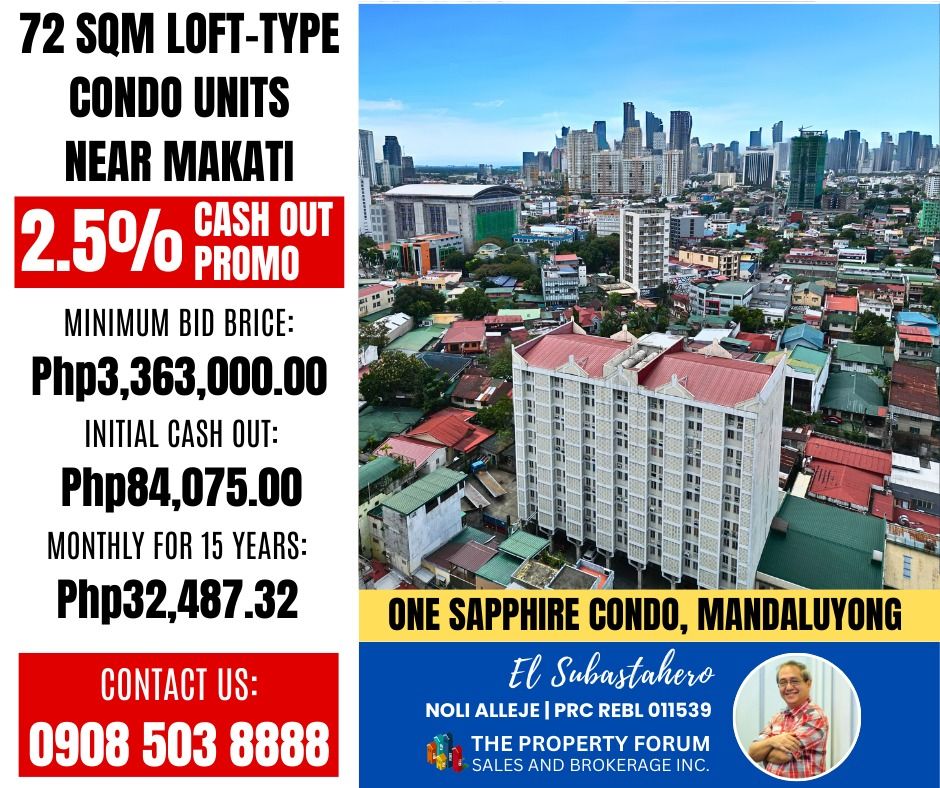 Foreclosed condo (Category: Apartments & Condos) located in Mandaluyong City. Submitted by thepropertforumph (Listing ID 1422090092, Image 1). Description: 𝐅𝐎𝐑𝐄𝐂𝐋𝐎𝐒𝐄𝐃 𝐂𝐎𝐍𝐃𝐎𝐌𝐈𝐍𝐈𝐔𝐌🏘️ *𝗣𝗿𝗼𝗽𝗲𝗿𝘁𝘆 𝗔𝗱𝗱𝗿𝗲𝘀𝘀: One Sapphire Condominium 858 Fabella St., Brgy. Plainview, Mandaluyong City *𝐅𝐥𝐨𝐨𝐫 𝐀𝐫𝐞𝐚: 72.32 sqm *𝐌𝐢𝐧𝐢𝐦𝐮𝐦 𝐁𝐢𝐝 𝐏𝐫𝐢𝐜𝐞: Php3,363,000 ✅0.1 km in G.A Pharmacy ✅0.4 km in Shakey's Maysilo ✅0.5 