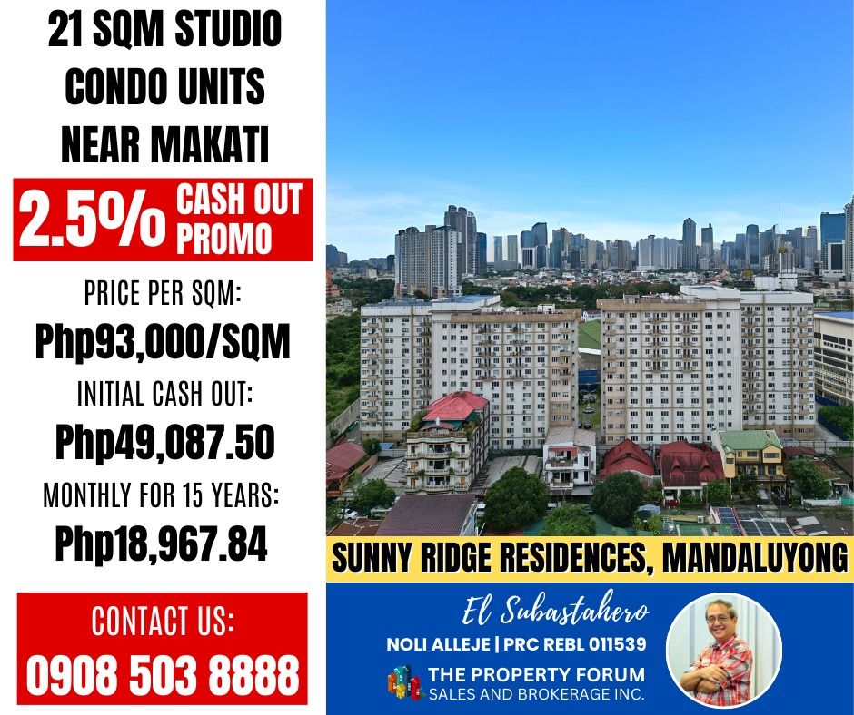 Foreclosed Condominium (Category: Apartments & Condos) located in Mandaluyong City. Submitted by thepropertforumph (Listing ID 1422096494, Image 1). Description: 𝐅𝐎𝐑𝐄𝐂𝐋𝐎𝐒𝐄𝐃 𝐂𝐎𝐍𝐃𝐎𝐌𝐈𝐍𝐈𝐔𝐌🏘️ *𝗣𝗿𝗼𝗽𝗲𝗿𝘁𝘆 𝗔𝗱𝗱𝗿𝗲𝘀𝘀: Sunny Ridge Residences - Phase 1 JP Rizal St., Brgy. Namayan Mandaluyong City *𝐅𝐥𝐨𝐨𝐫 𝐀𝐫𝐞𝐚: 21 sqm *𝐌𝐢𝐧𝐢𝐦𝐮𝐦 𝐁𝐢𝐝 𝐏𝐫𝐢𝐜𝐞: Php1,785,000.00 ✅0.4 km in Namayan Barangay Hall ✅0.6 km in Sky C