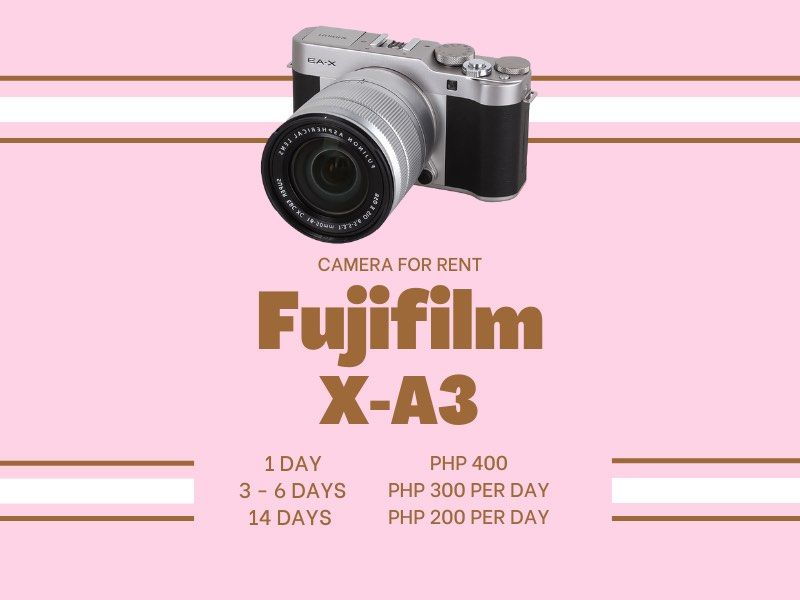 Fujifilm X-A3 Camera for Rent (Category: Cameras) located in Quezon City. Submitted by icazcloset (Listing ID 1230866482, Image 1). Description: Please message us for reservations and any questions or visit our ig page @hiramcam.mnl FOR MORE!!!.