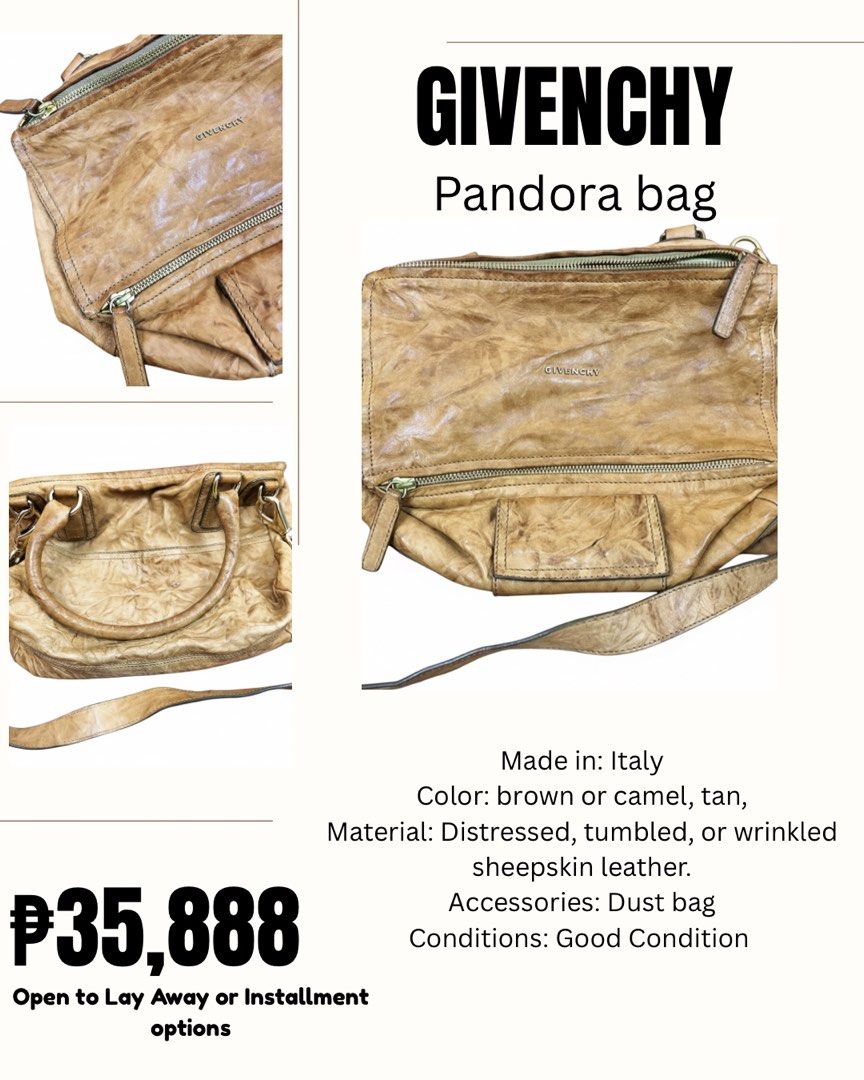 Givenchy Pandora Bag (Category: Luxury Bags & Wallets) located in Manila. Submitted by athenaluxeandco (Listing ID 1422164781, Image 1). Description: - Authentic Givenchy Pandora bag - Made in Italy - Color: Tan/Camel - Material: Distressed sheepskin leather - Includes dust bag - Lay away and installment options available.