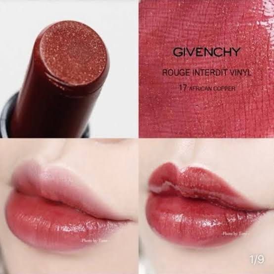 Givenchy Rouge Interdit Vinyl Lipstick 17 African Copper (Category: Makeup) located in Quezon City. Submitted by bitsnbobs21 (Listing ID 1422209610, Image 2). Description: - Givenchy Rouge Interdit Vinyl lipstick - Shade: 17 African Copper - Black tube with Givenchy logo - Brand new but no box - Shimmery, reddish-brown color - Product details visible on the case.