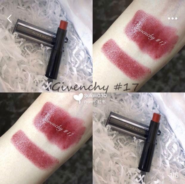 Givenchy Rouge Interdit Vinyl Lipstick 17 African Copper (Category: Makeup) located in Quezon City. Submitted by bitsnbobs21 (Listing ID 1422209610, Image 3). Description: - Givenchy Rouge Interdit Vinyl lipstick - Shade: 17 African Copper - Black tube with Givenchy logo - Brand new but no box - Shimmery, reddish-brown color - Product details visible on the case.