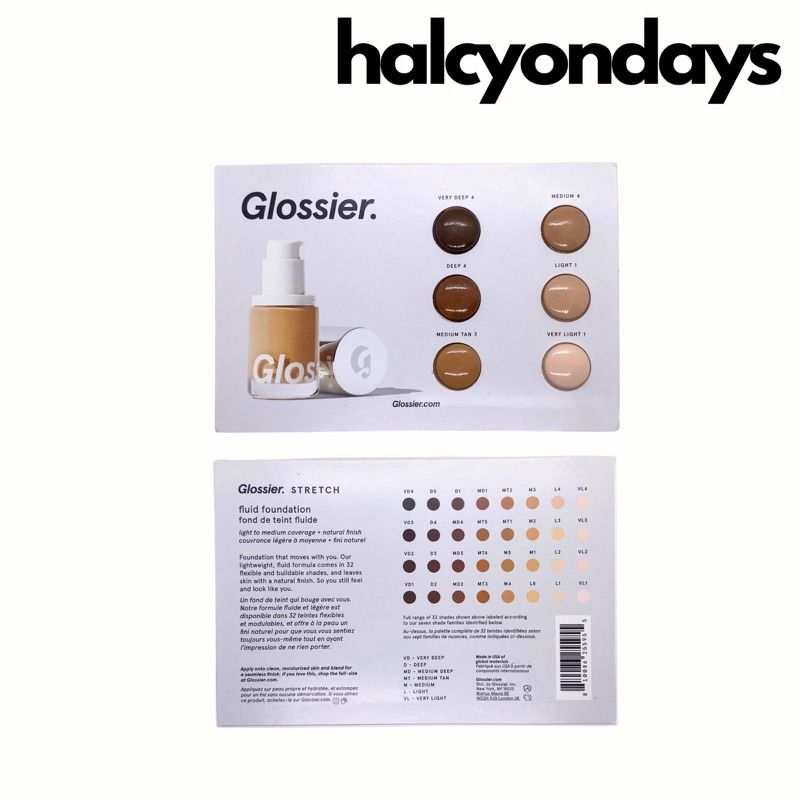 GLOSSIER Stretch Fluid Foundation (Sample Card) (Category: Makeup) located in San Mateo. Submitted by halcyondays_ (Listing ID 1422190604, Image 1). Description: Glossier Stretch Fluid Foundation. This foundation offers light to medium coverage and comes in various shades. The image shows a range of shades, including Very Deep 4, Deep 2, Medium Deep 3, Medium 2, Light 1, and Very Light 1. It is designed to work with your skin, providing buildable