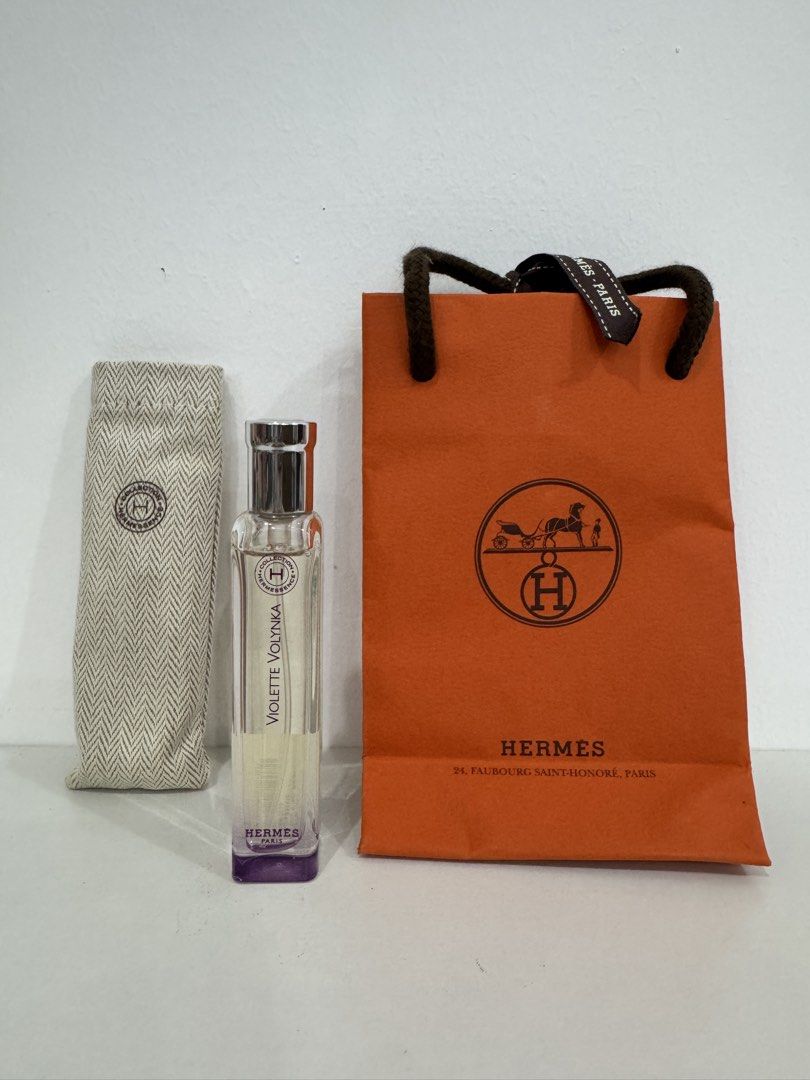 Hermes Violette Volynka Eau de Cologne 15ml 97%full (Category: Fragrance & Deodorants) located in Plaridel. Submitted by eunicelois (Listing ID 1422165064, Image 1). Description: - Authentic Hermes Violette Volynka Eau de Cologne - Comes with original packaging: - Protective pouch - Hermes paper bag - Features: - Silver cap - Purple base - Fragrance: Cologne.