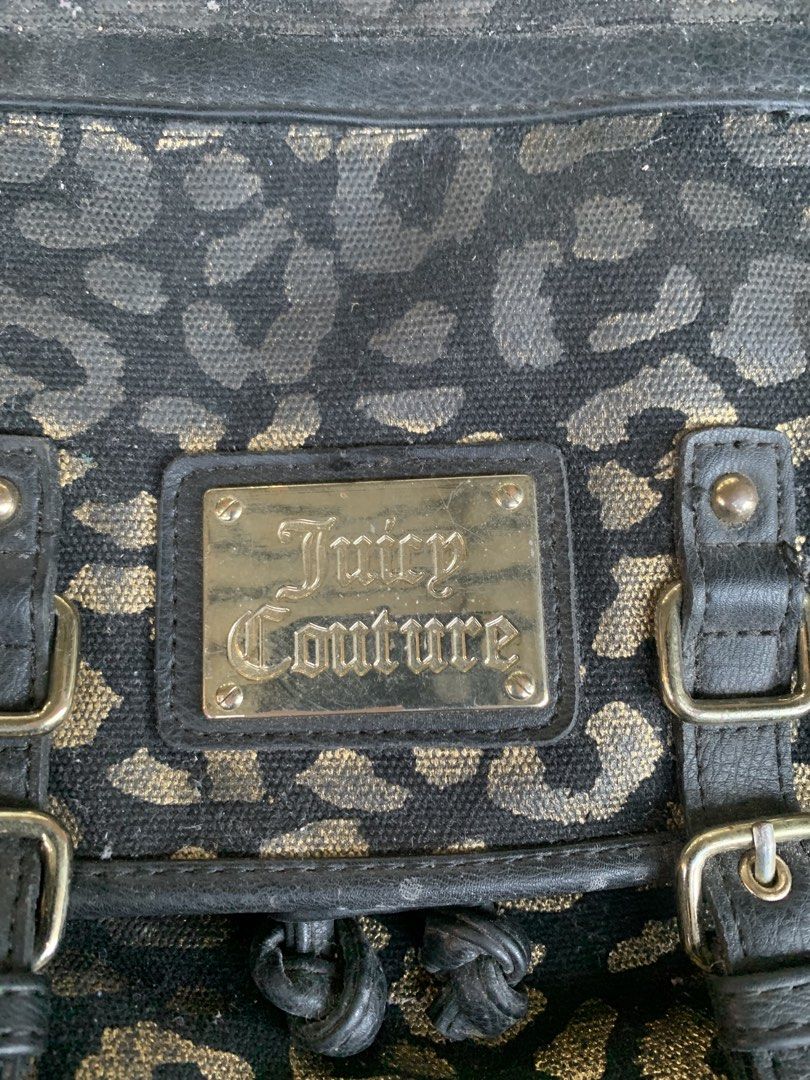 Juicy Couture Leopard Print Backpack (Category: Backpacks) located in Lucena. Submitted by nhelo_mill.6 (Listing ID 1422105195, Image 2). Description: - Stylish Juicy Couture backpack - Black and gold leopard print - Multiple compartments (side pockets, front flap) - Adjustable straps and top handle - Juicy Couture logo on front - Branded zippers.
