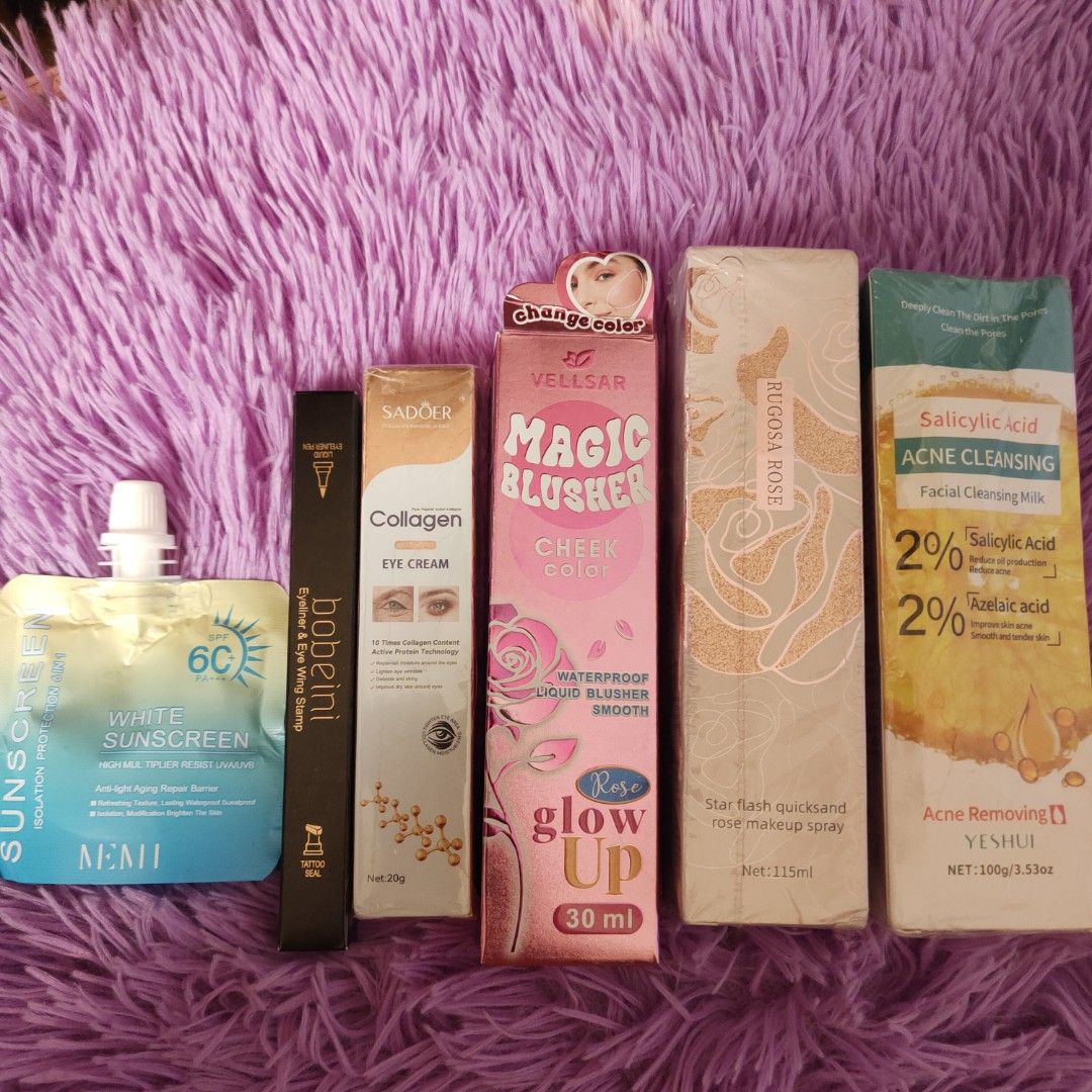 MEMI White Sunscreen 6C (Category: Face Care) located in Manila. Submitted by newriver-f5142e (Listing ID 1422098271, Image 1). Description: take all bundle -sunscreen -eyeliner -collagen for eye -setting spray -blush on -cleanser.