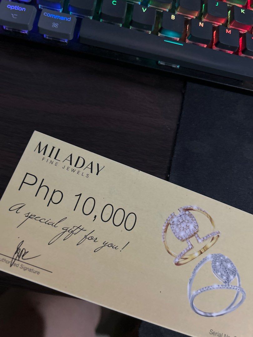 Miladay Fine Jewels Gift Certificate - Php 10,000 (Category: Vouchers) located in Del Monte. Submitted by lordvader66 (Listing ID 1422192396, Image 1). Description: - Miladay Fine Jewels gift certificate - Value: 10,000 - Serial number available - Ideal gift 5k negotiable.