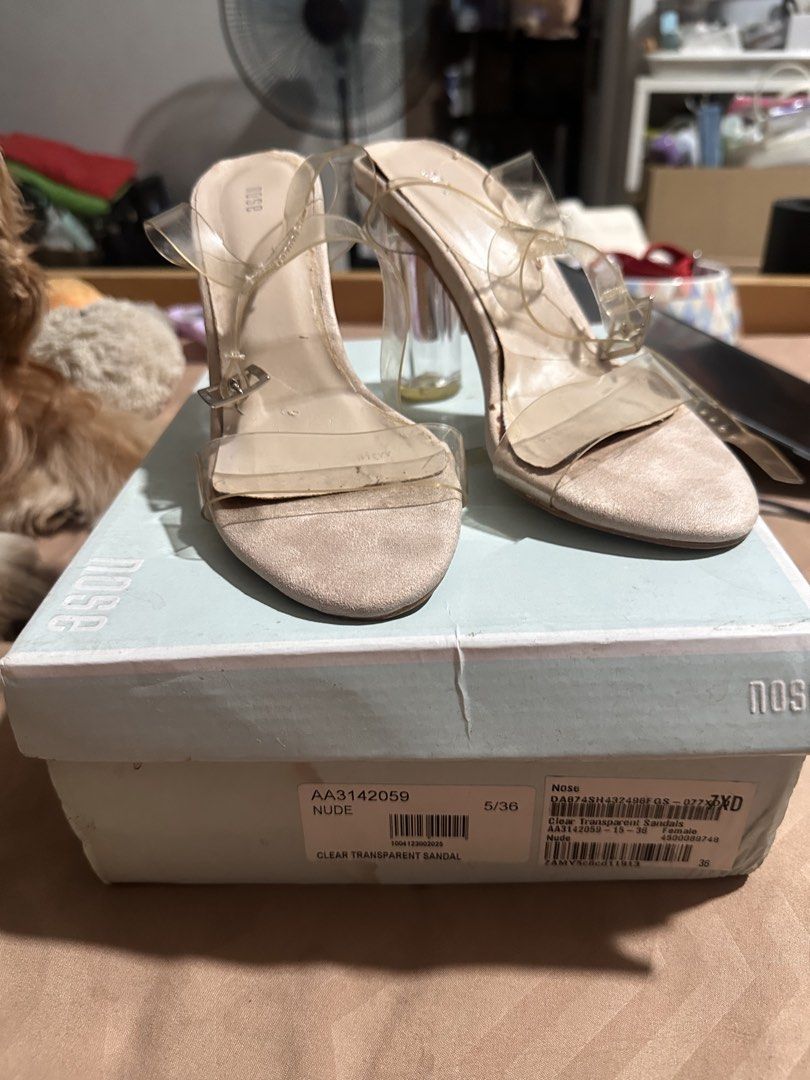 Nosé Transparent Strappy High Heels (Category: Heels) located in Quezon City. Submitted by decluttertherapymnl (Listing ID 1422221733, Image 2). Description: For Sale Nosé Strappy Transparent Heels 4” inches high Size 36 With box RFS: Decluttering Payment online or upon pick up Pasig Area.