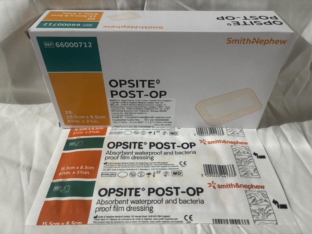OPSITE Post-Op (Category: Medical Supplies & Tools) located in Manila. Submitted by rheatapdas75609 (Listing ID 1422106716, Image 1). Description: Smith & Nephew OPSITE Post-Op dressing. Each dressing is 15.5cm x 8.5cm. The box contains 20 dressings. It is an absorbent, waterproof, and bacteria-proof film dressing. The product is CE marked..