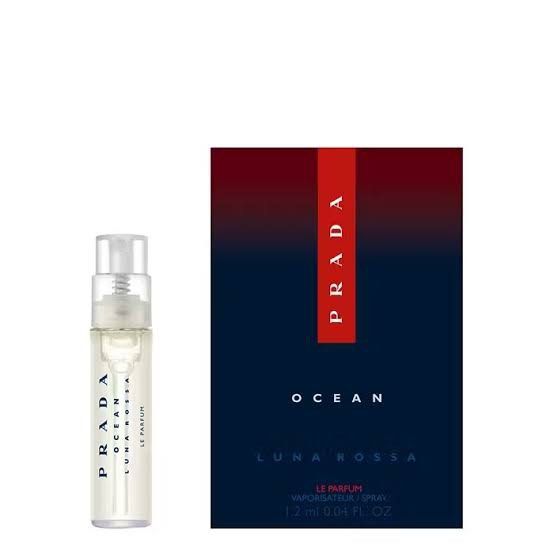 Prada Luna Rossa Ocean Eau de Toilette 1.2ml (Category: Fragrance & Deodorants) located in Quezon City. Submitted by bitsnbobs21 (Listing ID 1422208117, Image 1). Description: - Prada Luna Rossa Ocean Eau de Toilette sample - 1.2ml spray vial - Authentic product - Features the iconic Prada logo and Luna Rossa Ocean name - Includes box with ingredient and disposal information - Made in France.