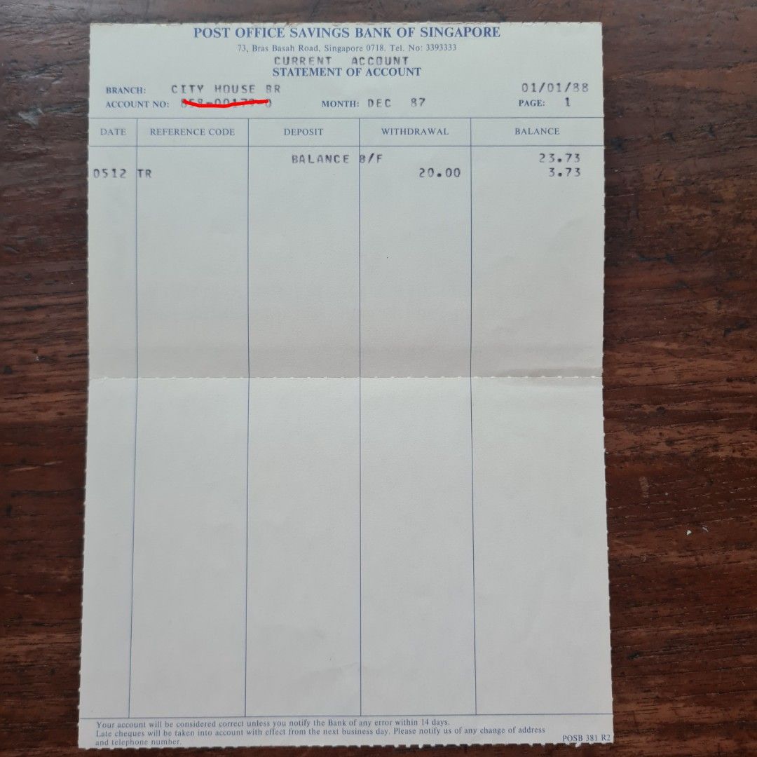 Rare Vintage 1988 POSB Current Account Statement Set -