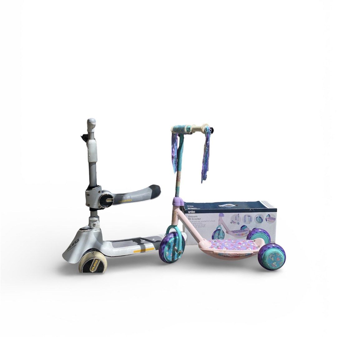 Scooter Bundle (Category: Skates, Rollerblades & Scooters) located in Quezon City. Submitted by challelscloset (Listing ID 1422108071, Image 2). Description: Anko Unicorn Tri Scooter 3 Wheels Anti-rollover Scooter RFS: Will buy a bicycle.