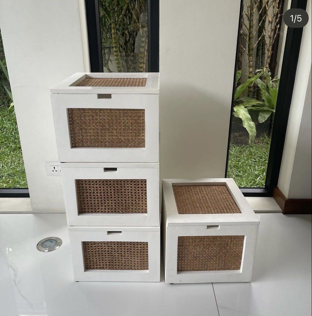 White Rattan wood Storage Boxes (Category: Storage Boxes & Baskets) located in Dasmarinas. Submitted by 2018_jac (Listing ID 1422100192, Image 1). Description: - White storage boxes - Rattan woven panels - Rectangular shape with handle - Stackable design - Ideal for clothes and accessories.