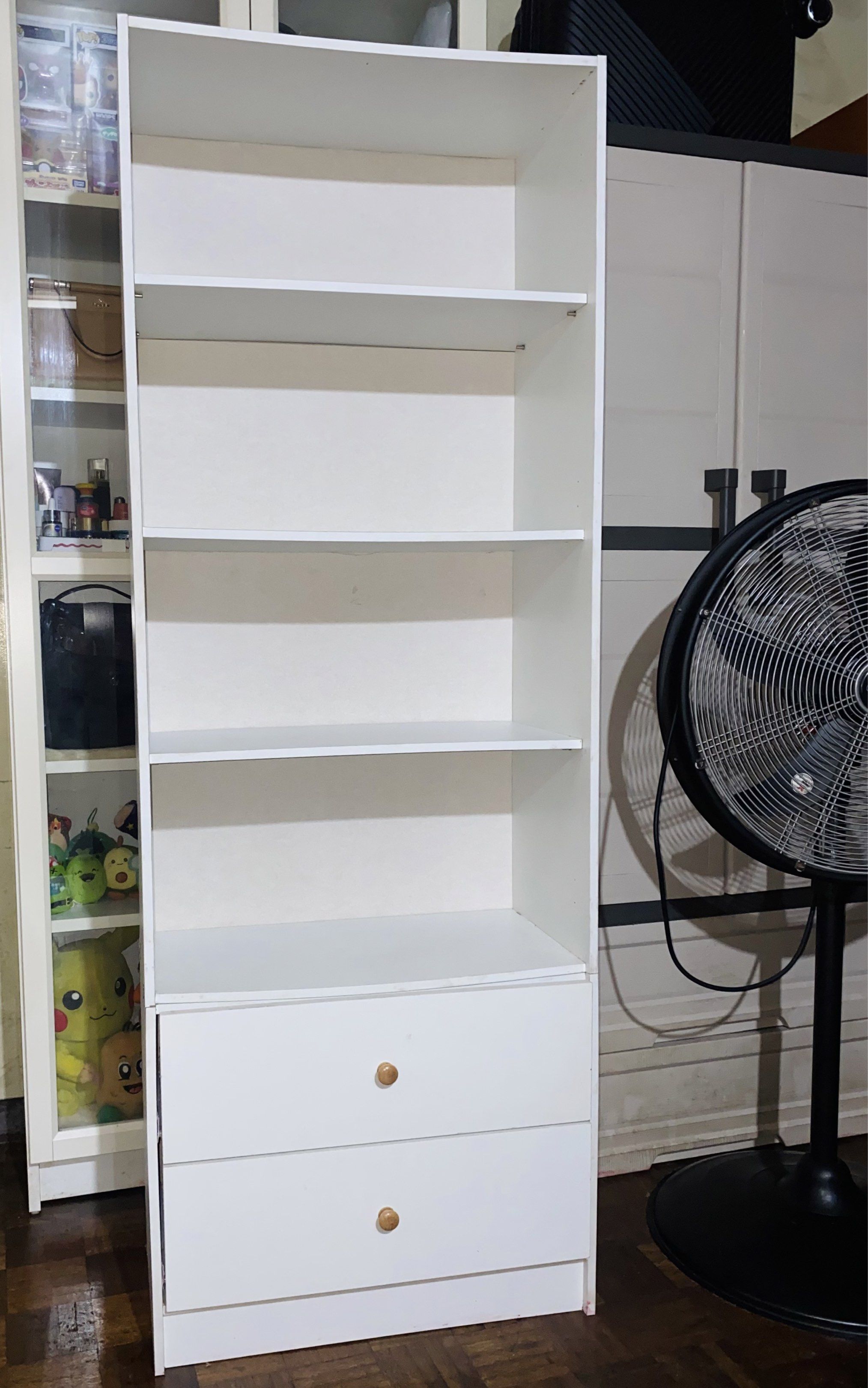 Wooden Bookcase with Drawers (Category: Shelves, Cabinets & Racks) located in Manila. Submitted by glen_n (Listing ID 1422111543, Image 1). Description: Bookcases, wooden bookshelves, storage cabinets ✔️Material: MDF board ✔️Size: 60 * 30 * 165CM Used Bookshelf with 2 Drawers – Still Sturdy & Functional ✔️ With 2 drawers ✔️ Great for books, toys, or storage ⚠️ Issue: The door is no longer included (it was broken). There are minor flaws/chips (ple