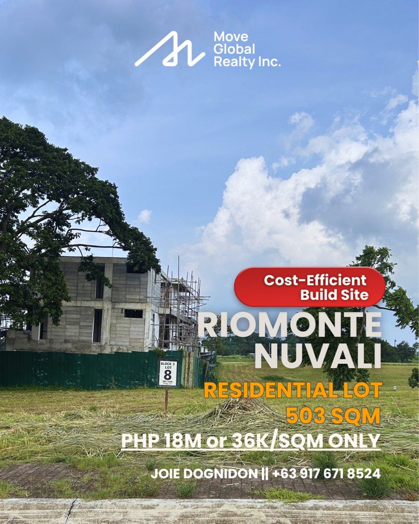 36k per sqm Riomonte Nuvali, flat terrain (Category: Lot) located in Makati City. Submitted by joie_09176718524 (Listing ID 1422238026, Image 1). Description: FOR SALE Riomonte by Ayala Land Premier Nuvali — Prime 503 sqm lot in a secure, master-planned community — Flat terrain to maximize your floor area, minimize construction costs — Ideal for a custom luxury home or long-term investment — Facing SouthWest • Old Price: Php 39,000/sqm • Now Repr