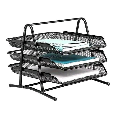 3-Tier Document Tray - Black (Category: Storage Boxes & Baskets) located in Makati City. Submitted by oideme (Listing ID 1422243008, Image 2). Description: Organize your documents and files with this 3-tier document tray. It's ideal for both office and home use. The tray is black and has a mesh design. It has a sturdy base and a handle on top. The dimensions are approximately 29.5cm x 36cm x 5cm. It can hold books, notebooks, and documents..