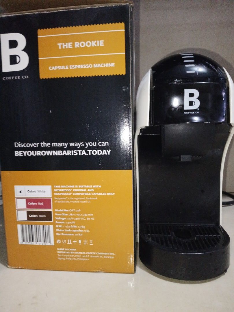B Coffee Co. The Rookie Capsule Espresso Machine (Category: Coffee Machines & Makers) located in Rizal. Submitted by lockelocke_ (Listing ID 1422278958, Image 3). Description: White,with original packaging. Nespresso pods compatible Cosmetic issue(see 2nd photo),otherwise fully functional. Orig price 2.3k.