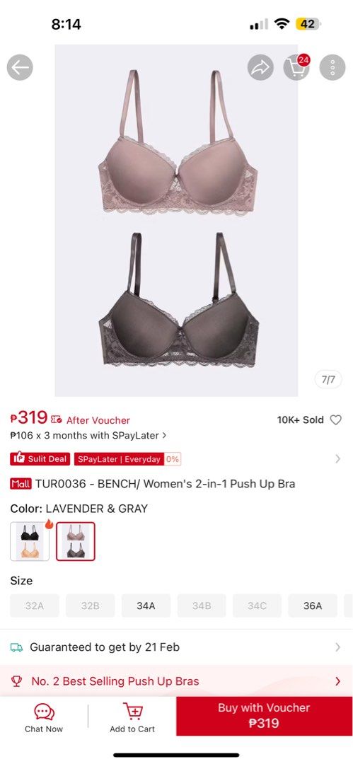 Bench 2-in-1 Push Up Bra Size 40C (Category: Undergarments & Loungewear) located in Antipolo. Submitted by ra0021 (Listing ID 1422334463, Image 3). Description: - Bench 2-in-1 Push-Up Bra - Colors: Lavender and Gray - Elegant Lace Trim - Best-Selling Push-Up Design - Size: 40C RFS: nagkamali ng order ng size. 😅.