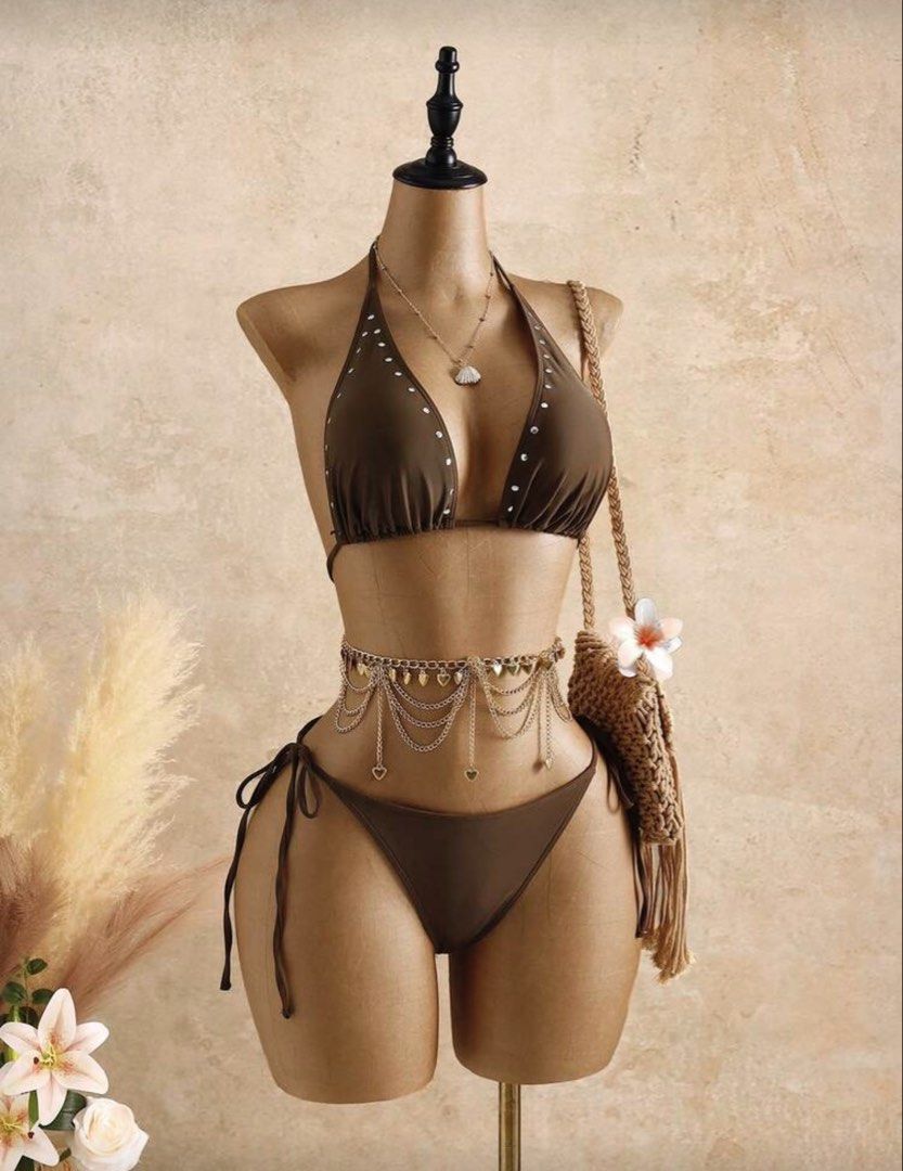 Brown Bikini Set with Accessories (Category: Bikinis & Swimsuits) located in Imus. Submitted by block16 (Listing ID 1422294377, Image 2). Description: - Brown bikini top and bottom with stud details - Gold waist chain with coin and chain accents - Neutral crochet skirt with shell details - Paisley patterned headscarf.