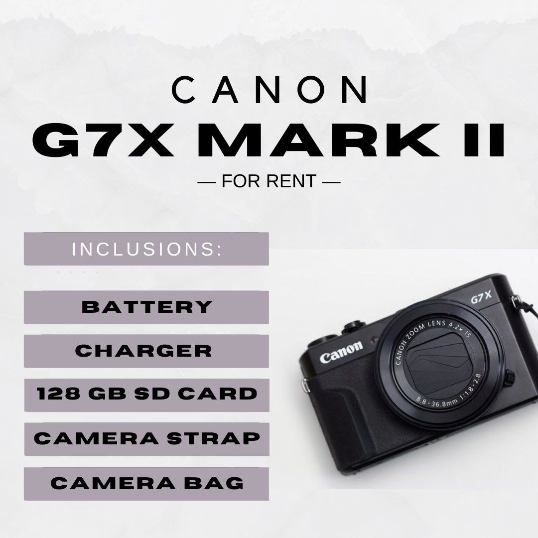 canon g7x mark ii — FOR RENT (Category: Cameras) located in Bulacan. Submitted by mgfilms (Listing ID 1422306184, Image 1). Description: canon g7x mark ii — for rent ° ᡣ𐭩 . ° . ⟡ best for instagram photos ⟡ videos ⟡ vlogging .ᐟsend us a message to book your desired dates. 📸 .ᐟlimited slots only! #canong7x #cameraforrent.
