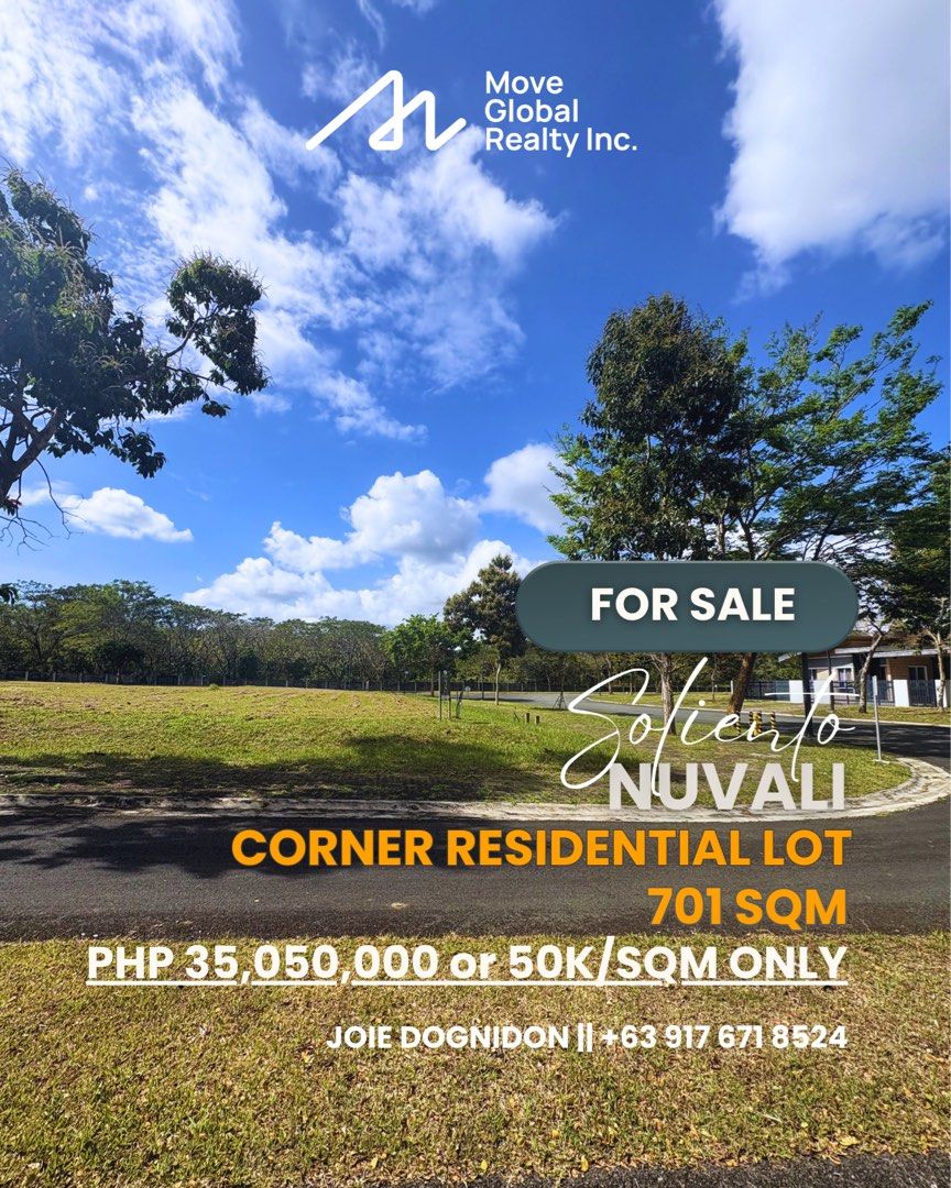 Corner Lot in Soliento Nuvali (Category: Lot) located in Makati City. Submitted by joie_09176718524 (Listing ID 1422268727, Image 1). Description: FOR SALE Soliento by Ayala Land Premier Nuvali — 701 sqm — corner lot for more frontage, enhanced privacy, and higher resale value — facing NorthEast and SouthEast giving your bright mornings and cooler afternoons. — ideal for those looking to build a home with a standout architectural design — flat te