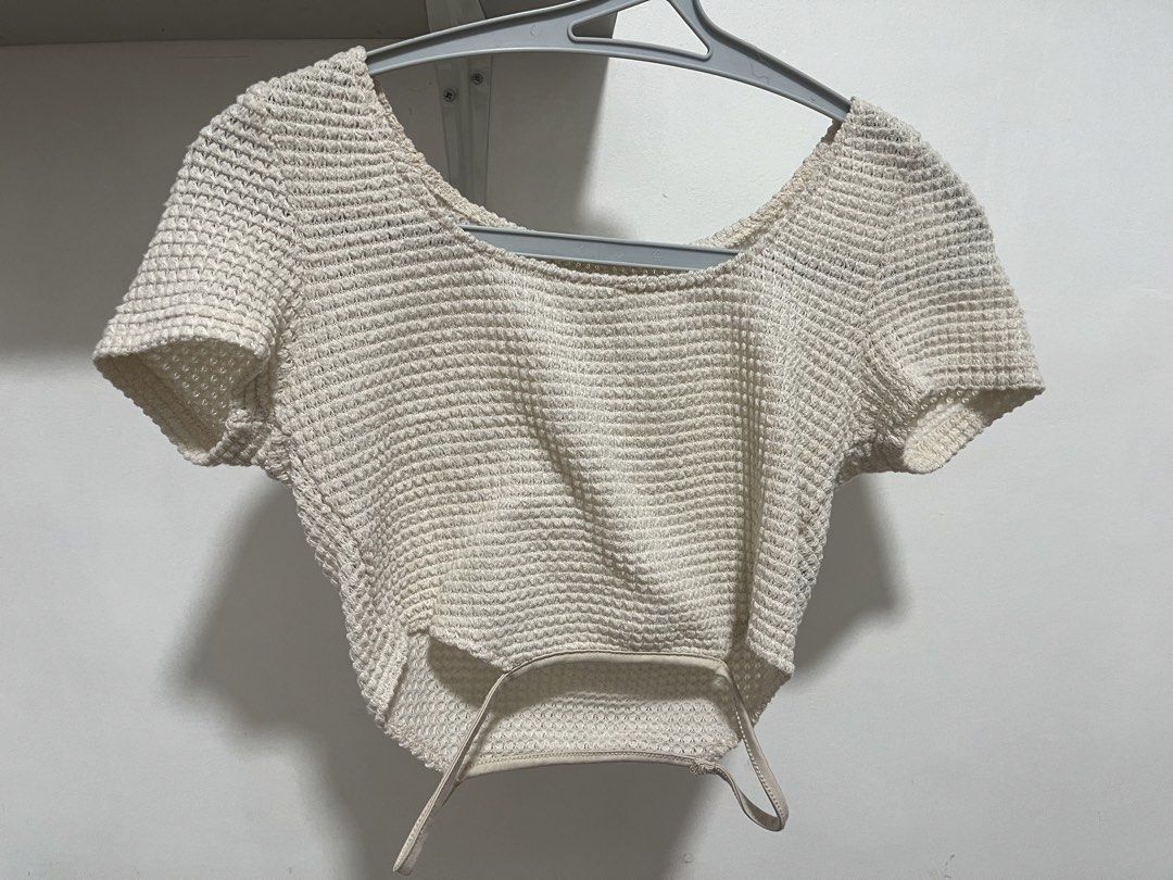 Cream Waffle Crop Top (Category: Sleeveless) located in Manila. Submitted by sillyfrog (Listing ID 1422298890, Image 1). Description: - rfs: decluttering - message for when worn photos.