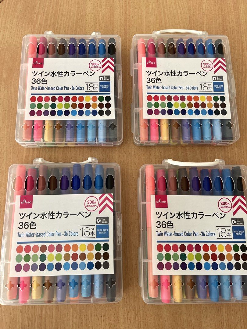 Daiso Twin Water-based Color Pens (Category: Stationery & School Supplies) located in San Fernando. Submitted by japansurpluselyu (Listing ID 1422263855, Image 1). Description: Daiso Twin Water-based Color Pens featuring 36 colors from 18 double-sided markers. Price: 300 Yen (excluding tax). Features: Water-based ink with a fine 1mm tip for detailed work. Packaging: 18 markers are housed in a clear plastic case. Purpose: Suitable for coloring, wr