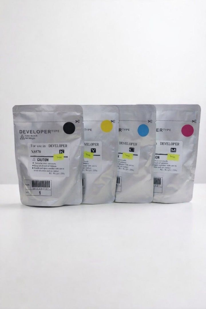 Developer Powder for Printer (Category: Printers, Scanners & Copiers) located in Quezon City. Submitted by copieronlineinc (Listing ID 1422272614, Image 1). Description: - Developer powder for printer - Includes black, yellow, cyan, and magenta colors - Each pack is labeled with its color - Sealed packs.
