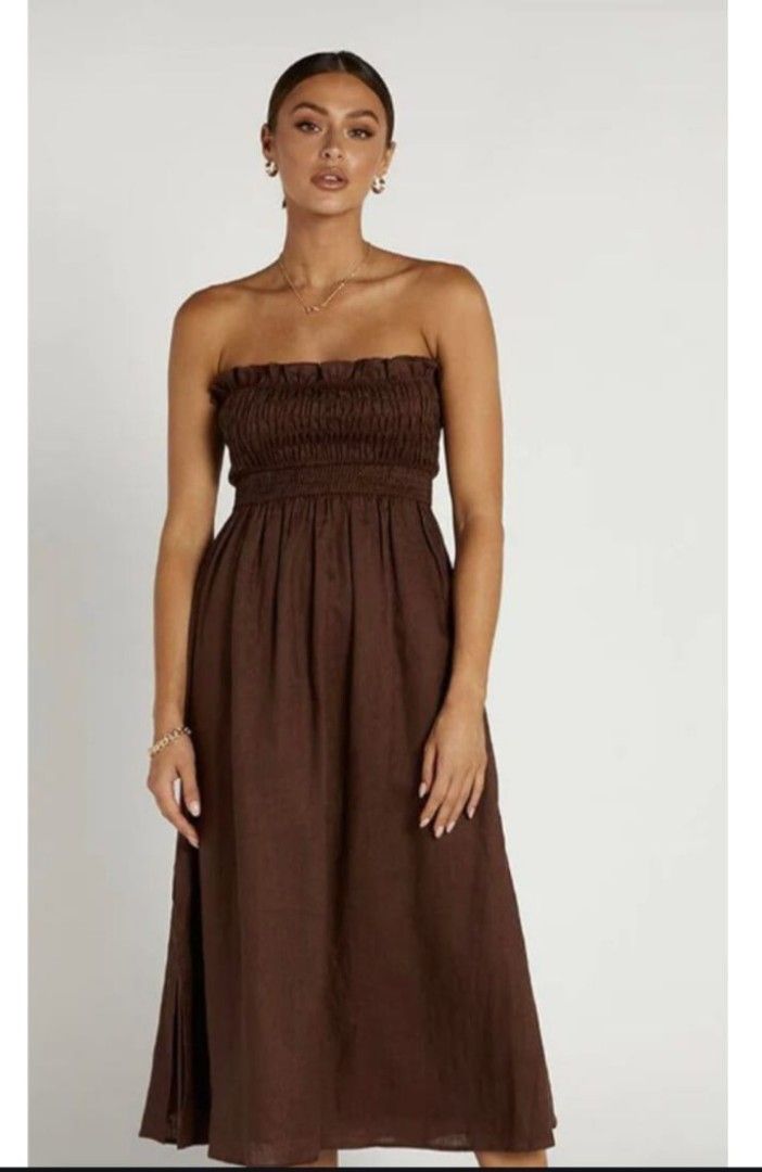 knee length dresses for ladies Daniella Linen Tie Back Sleeveless Midi Dress in Cocoa by Dissh