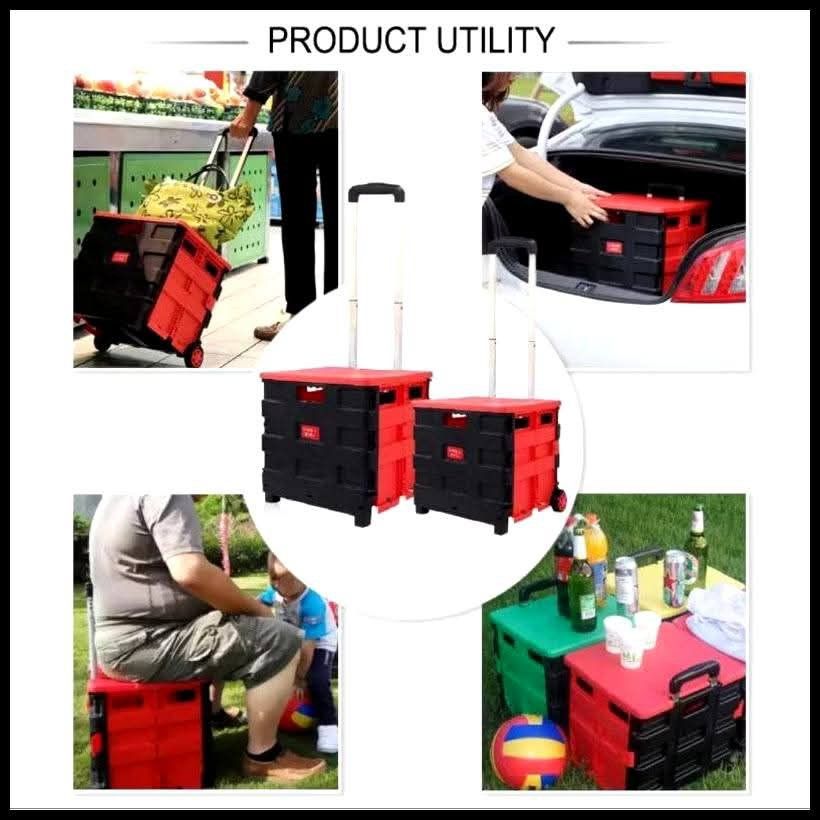 FOLDING SHOPPING CART (Category: Strollers) located in Manila. Submitted by haideshop (Listing ID 1422270406, Image 2). Description: Pack N Roll folding shopping cart is perfect for groceries, travel, or any transport needs. It features a sturdy design with a handle and wheels for easy maneuverability. The cart folds down for compact storage. It can also be used as a seat. The cart is black and red..