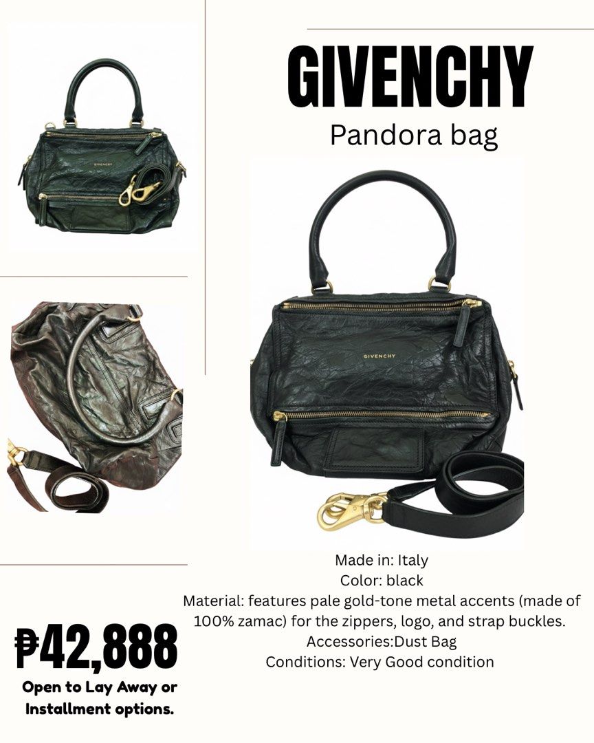 Givenchy Pandora Bag - Black (Category: Luxury Bags & Wallets) located in Manila. Submitted by athenaluxeandco (Listing ID 1422296767, Image 1). Description: - Authentic Givenchy Pandora bag - Color: Black - Made in Italy - Pale gold-tone metal accents - Includes dust bag - Layaway/installment options available.