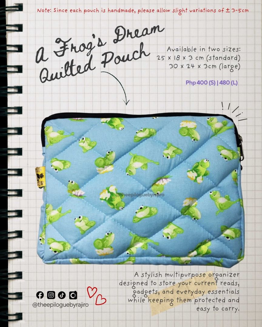 Handmade Quilted Pouch for Books, Notebooks, Gadgets | Frog (Category: Purses & Pouches) located in Rizal. Submitted by theepiloguebyrajiro (Listing ID 1410049235, Image 1). Description: Whether it’s your favorite book, a well-loved journal, your trusty planner, or your gadgets, our quilted pouches will keep them protected ✨aesthetically✨ . Each piece is crafted with soft fiber padding for protection and finished with a smooth-gliding high-qualit