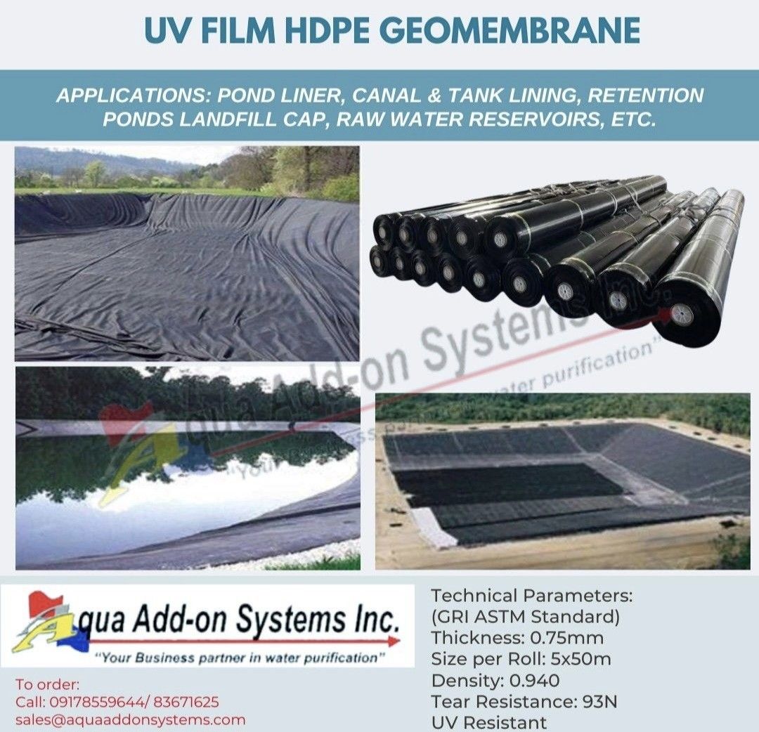 HDPE Geomembrane Pondliner (Category: Everything Else Others) located in San Juan City. Submitted by liv1978 (Listing ID 1422284508, Image 1). Description: All Virgin Material, UV resistant, 10 yrs warranty Ideal for fish and shrimp farming, road cover, landfill, landscape, foundational barriers, etc. 0.75mm thick black.