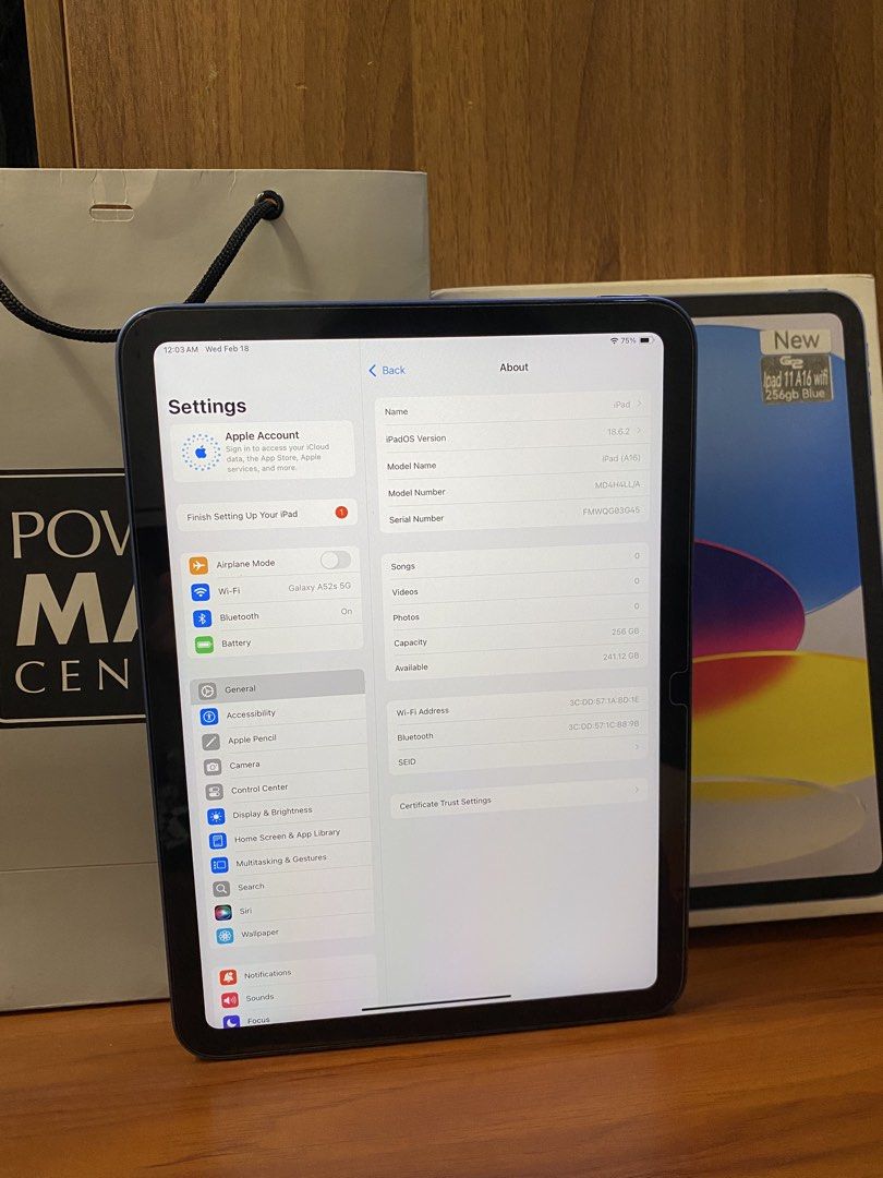 iPad A16 256gb (Category: iPad) located in San Carlos. Submitted by marco1199 (Listing ID 1422275684, Image 3). Description: iPad A16 256gb WiFi Active warranty No issue w/ Box, manual, charger TG installed Open for COD 🏠…….🚚📦.